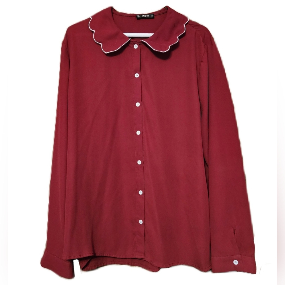 SHEIN Red Scalloped Collor Button Up Blouse Size 1XL